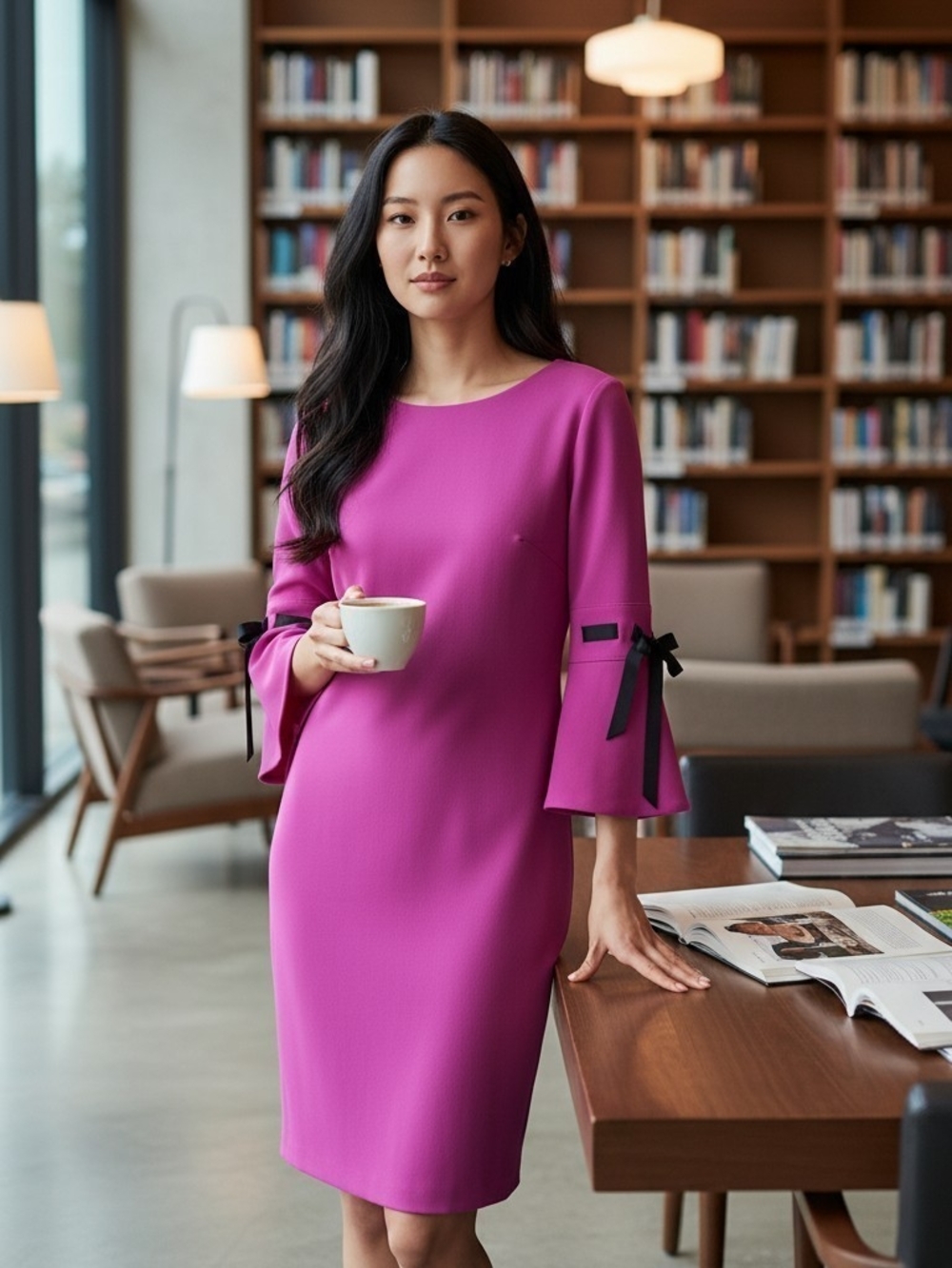 Calvin Klein Fuchsia Bell-Sleeve Dress with Black Ribbon Detail